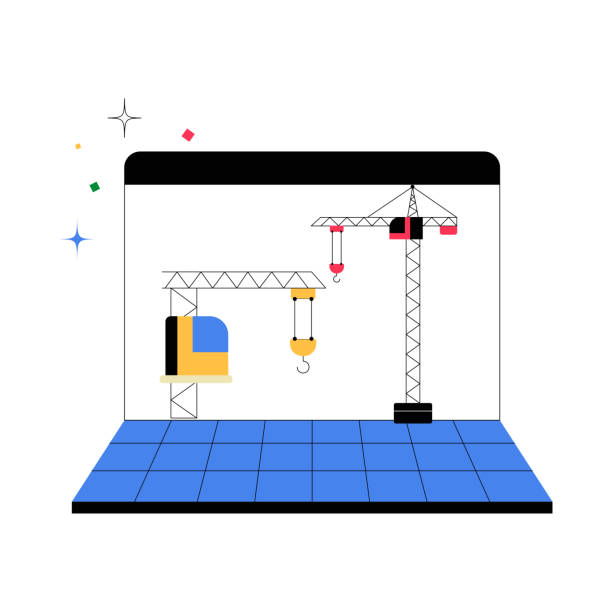construction cranes on a computer screen in flat vector illustration symbolizing digital infrastructure, online construction tools, and modern technology, isolated on white background - 網(wǎng)站門戶平臺搭建 幅插畫檔、美工圖案、卡通及圖標(biāo)